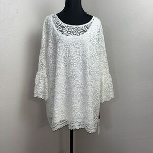 Ruby Rd. Blouse & Tank Top Woman 2X White Lace Overlay Bell Sleeve Cottage Boho